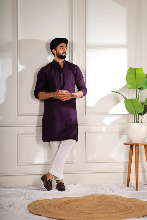 Purple Cotton Mens Kurta With Payjama - Close-up View | Samyak Fashion