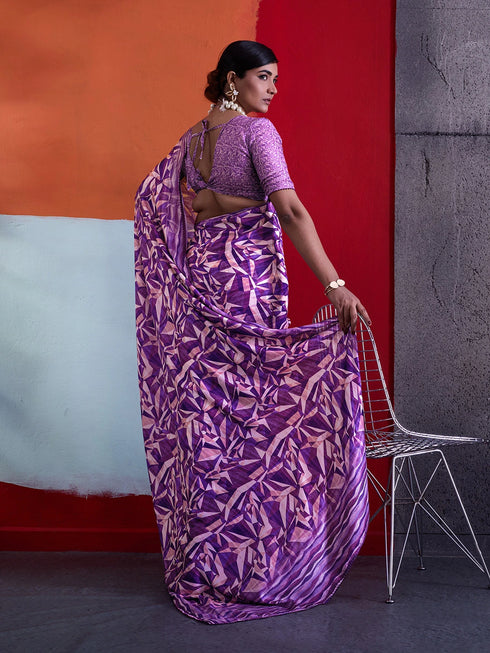 Purple Crepe Elegant Party Wear Saree Collection With Blouse - Side View | Samyak Fashion