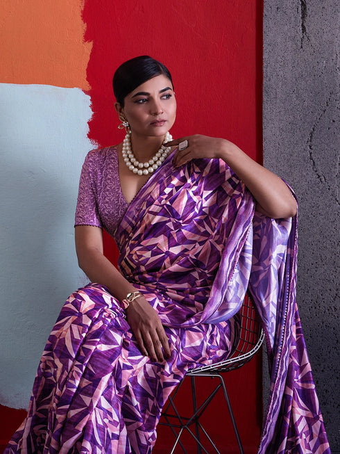 Purple Crepe Elegant Party Wear Saree Collection With Blouse - Detail View | Samyak Fashion