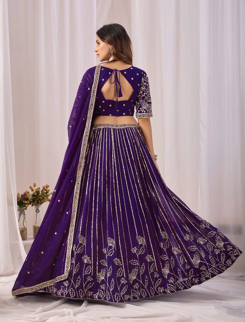 Purple Faux Georgette Lehenga Choli - Back View | Samyak Fashion