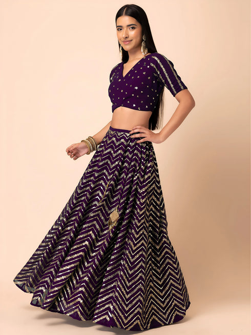 Purple Georgette Lehenga Choli - Detail View | Samyak Fashion
