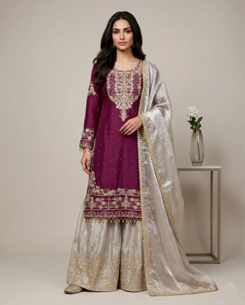 Purple Heavy Gmy Silk Elegant Salwar Suit - Front View | Samyak Fashion