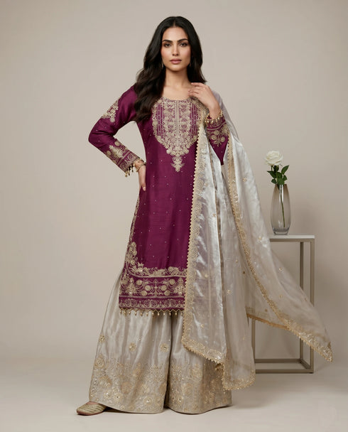 Purple Heavy Gmy Silk Elegant Salwar Suit - Back View | Samyak Fashion