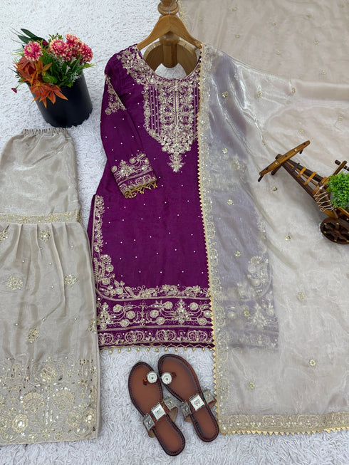 Purple Heavy Gmy Silk Elegant Salwar Suit - Side View | Samyak Fashion