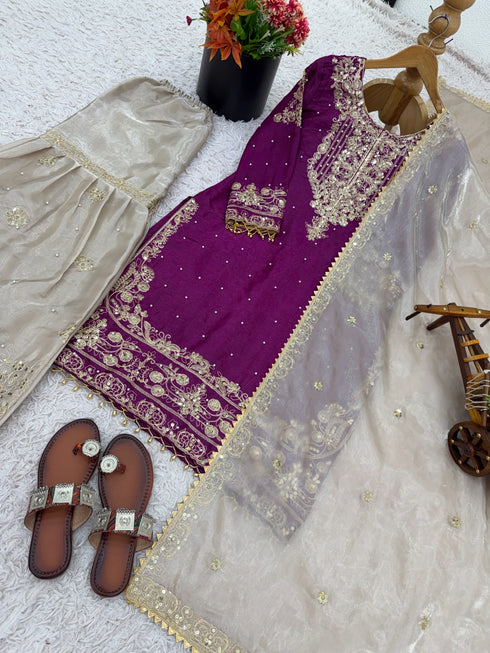 Purple Heavy Gmy Silk Elegant Salwar Suit - Detail View | Samyak Fashion