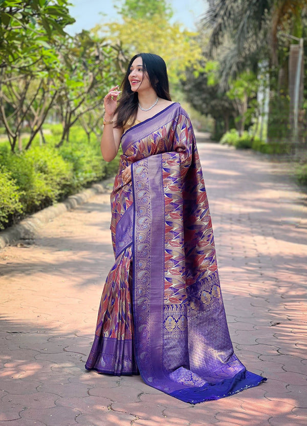 Purple Kanchipattu Silk Party Wear Saree With Blouse - Front View | Samyak Fashion