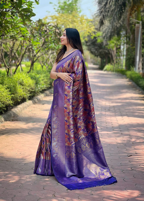 Purple Kanchipattu Silk Party Wear Saree With Blouse - Back View | Samyak Fashion