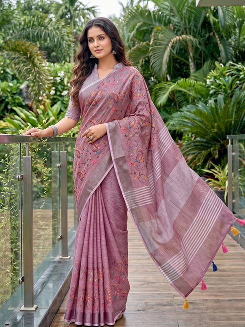 Purple Linen Elegant Party Wear Saree Collection With Blouse - Front View | Samyak Fashion