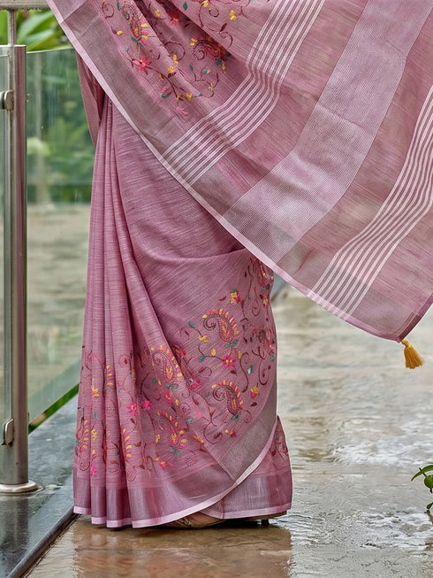 Purple Linen Elegant Party Wear Saree Collection With Blouse - Detail View | Samyak Fashion