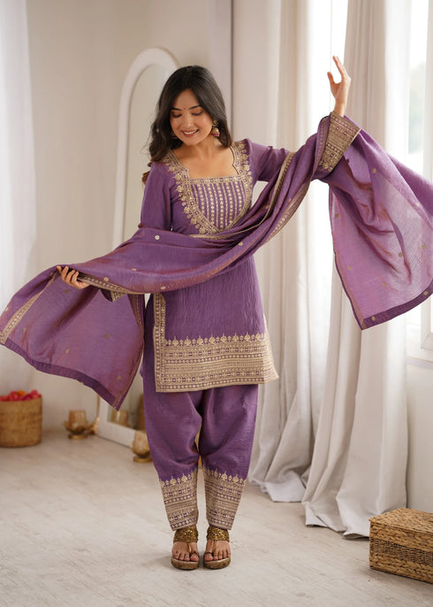 Purple Nc Vichitra Silk Elementary Suit - Side View | Samyak Fashion