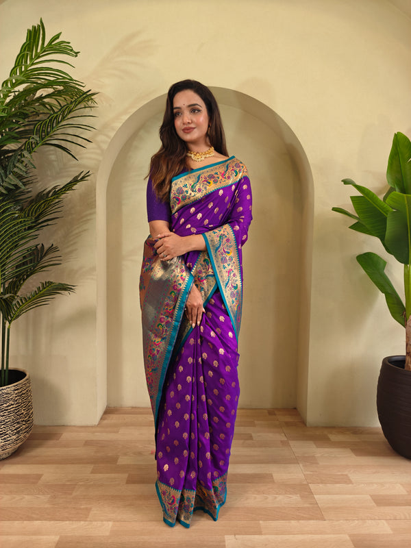 Purple Paithani Silk Party Wear Saree With Blouse - Front View | Samyak Fashion