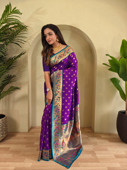 Purple Paithani Silk Party Wear Saree With Blouse - Back View | Samyak Fashion