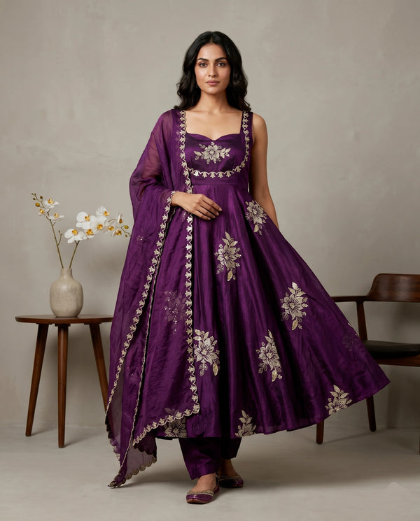 Purple Pure Fendy Silk Elegant Salwar Suit - Front View | Samyak Fashion