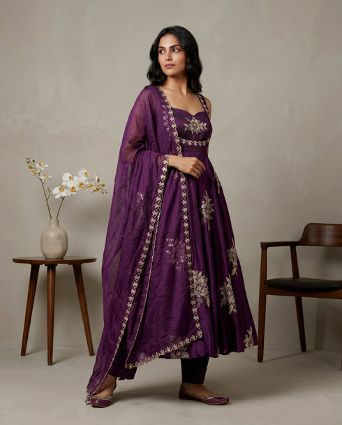 Purple Pure Fendy Silk Elegant Salwar Suit - Back View | Samyak Fashion