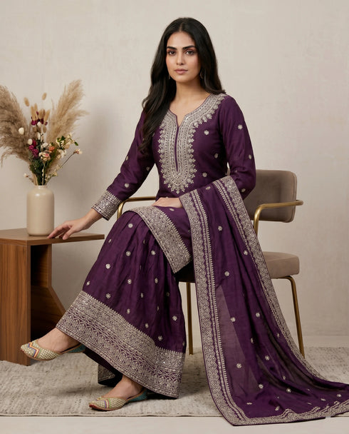 Purple Pure Heavy Chinnon Silk Elegant Salwar Suit - Back View | Samyak Fashion