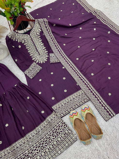 Purple Pure Heavy Chinnon Silk Elegant Salwar Suit - Side View | Samyak Fashion