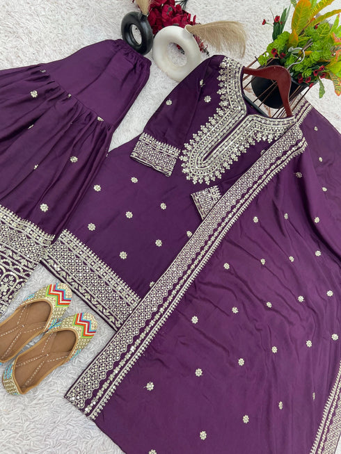 Purple Pure Heavy Chinnon Silk Elegant Salwar Suit - Detail View | Samyak Fashion
