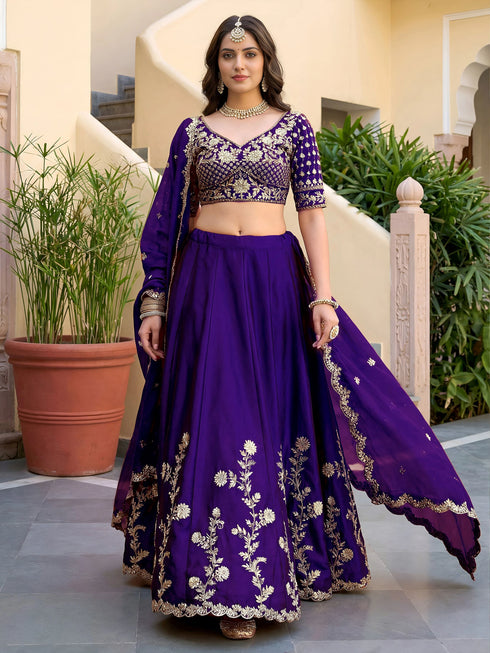 Purple Rangoli Silk Lehenga Choli - Close-up View | Samyak Fashion