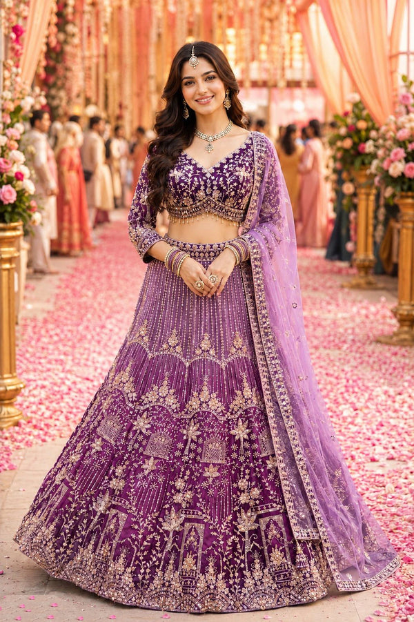 Purple Real Premium Net Lehenga Choli - Front View | Samyak Fashion