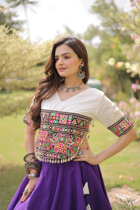Purple Roman Silk Lehenga Choli - Side View | Samyak Fashion