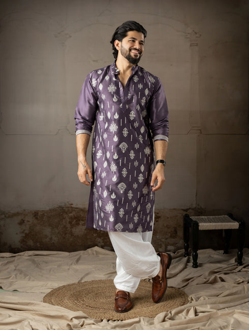 Purple Silk Mens Kurta With Payjama - Front View | Samyak Fashion