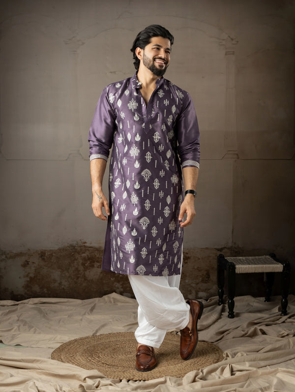 Purple Silk Mens Kurta With Payjama - Front View | Samyak Fashion