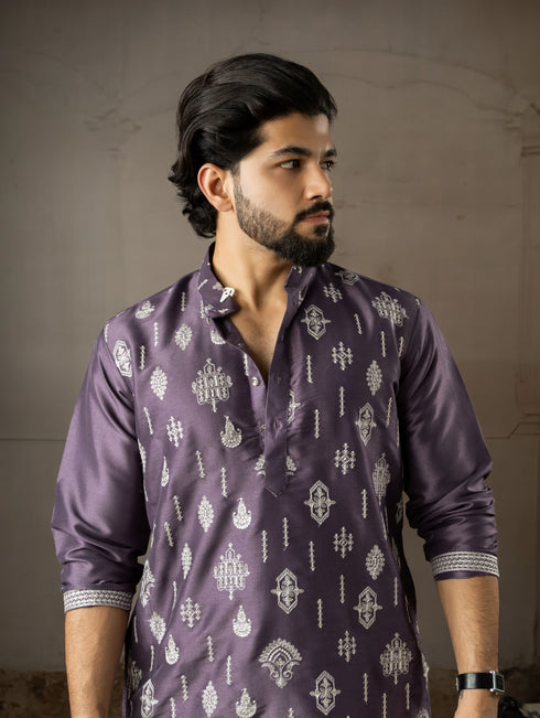 Purple Silk Mens Kurta With Payjama - Side View | Samyak Fashion