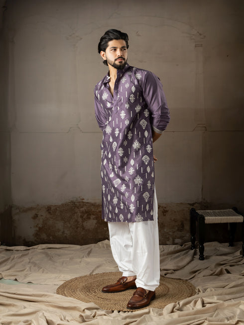 Purple Silk Mens Kurta With Payjama - Detail View | Samyak Fashion