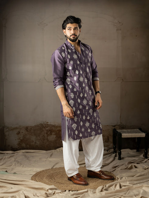 Purple Silk Mens Kurta With Payjama - Close-up View | Samyak Fashion