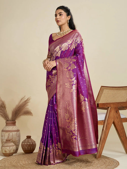 Purple Soft Kanjivaram Silk Traditional Function Wear Soft Kanjivaram Silk Saree Collection With Blouse - Back View | Samyak Fashion