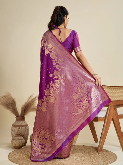 Purple Soft Kanjivaram Silk Traditional Function Wear Soft Kanjivaram Silk Saree Collection With Blouse - Detail View | Samyak Fashion