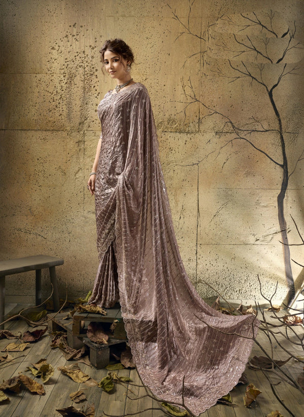 Purple Velvet Satin Party Wear Saree With Blouse - Front View | Samyak Fashion