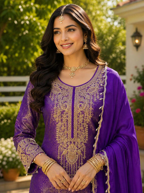 Purple Viscose Jacquard Silk Salwar Suit - Side View | Samyak Fashion