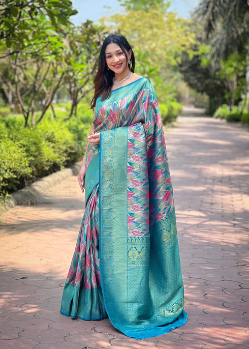 Rama Blue Kanchipattu Silk Party Wear Saree With Blouse - Front View | Samyak Fashion