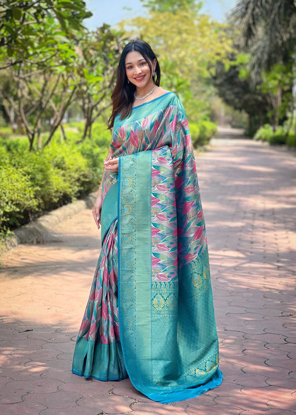 Rama Blue Kanchipattu Silk Party Wear Saree With Blouse - Front View | Samyak Fashion