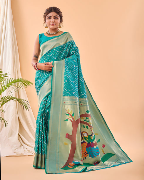 Rama Blue Pure Silk Party Wear Saree With Blouse - Front View | Samyak Fashion