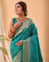Rama Blue Pure Silk Party Wear Saree With Blouse - Side View | Samyak Fashion