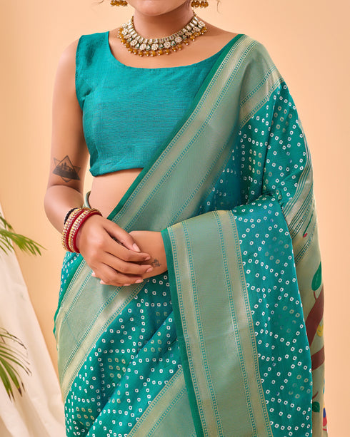 Rama Blue Pure Silk Party Wear Saree With Blouse - Close-up View | Samyak Fashion
