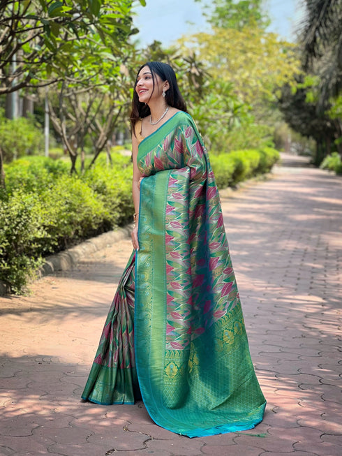 Rama Green Kanchipattu Silk Party Wear Saree With Blouse - Back View | Samyak Fashion