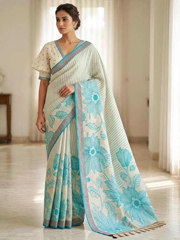 Rama Linen Saree With Blouse - Front View | Samyak Fashion