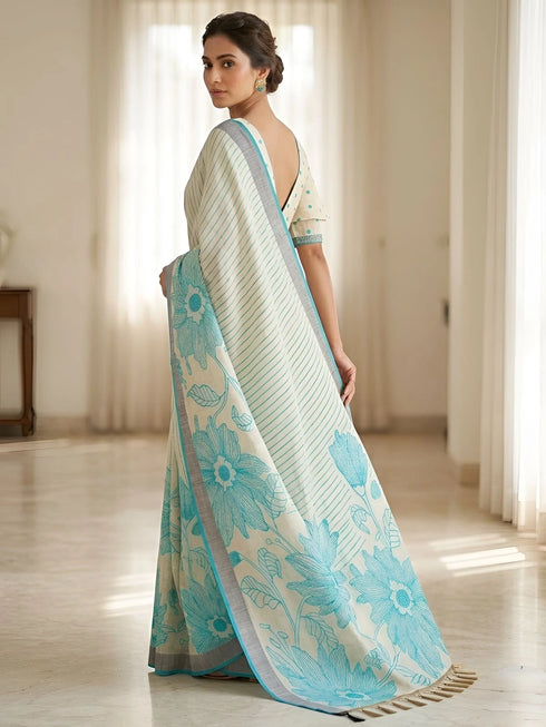 Rama Linen Saree With Blouse - Back View | Samyak Fashion