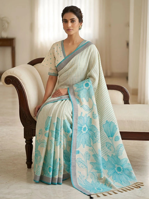 Rama Linen Saree With Blouse - Side View | Samyak Fashion