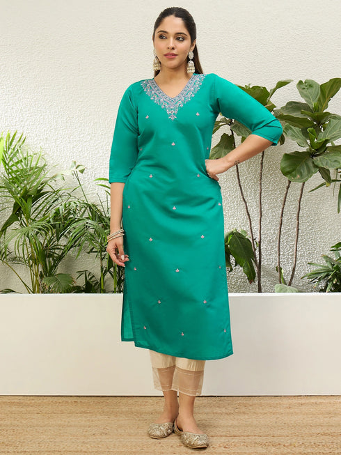 Rama Silk Blend Long Kurti. - Front View | Samyak Fashion