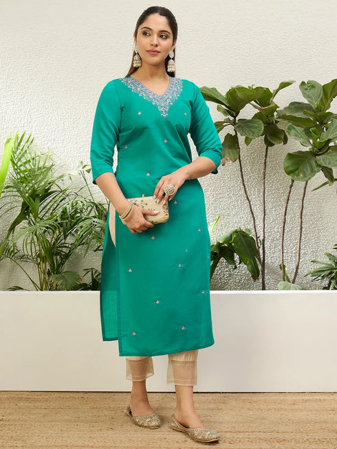 Rama Silk Blend Long Kurti. - Detail View | Samyak Fashion