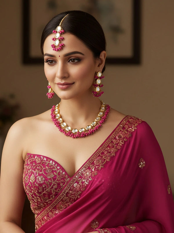 Rani Pink Necklace Set - Front View | Samyak Fashion