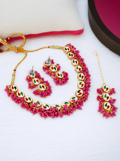 Rani Pink Necklace Set - Detail View | Samyak Fashion