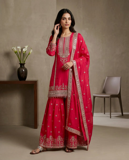 Rani Pink Pure Fendy Silk Elegant Salwar Suit - Back View | Samyak Fashion