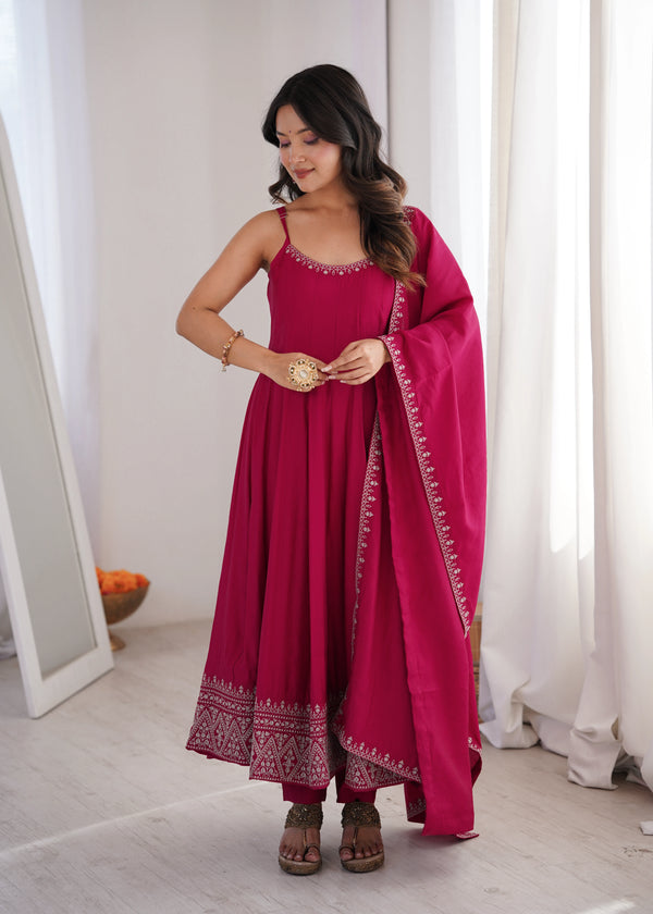 Rani Pink Pure Roman Silk Chanderi Salwar Suit - Front View | Samyak Fashion