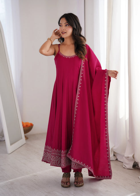 Rani Pink Pure Roman Silk Chanderi Salwar Suit - Back View | Samyak Fashion