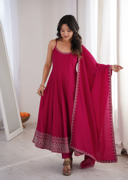 Rani Pink Pure Roman Silk Chanderi Salwar Suit - Side View | Samyak Fashion